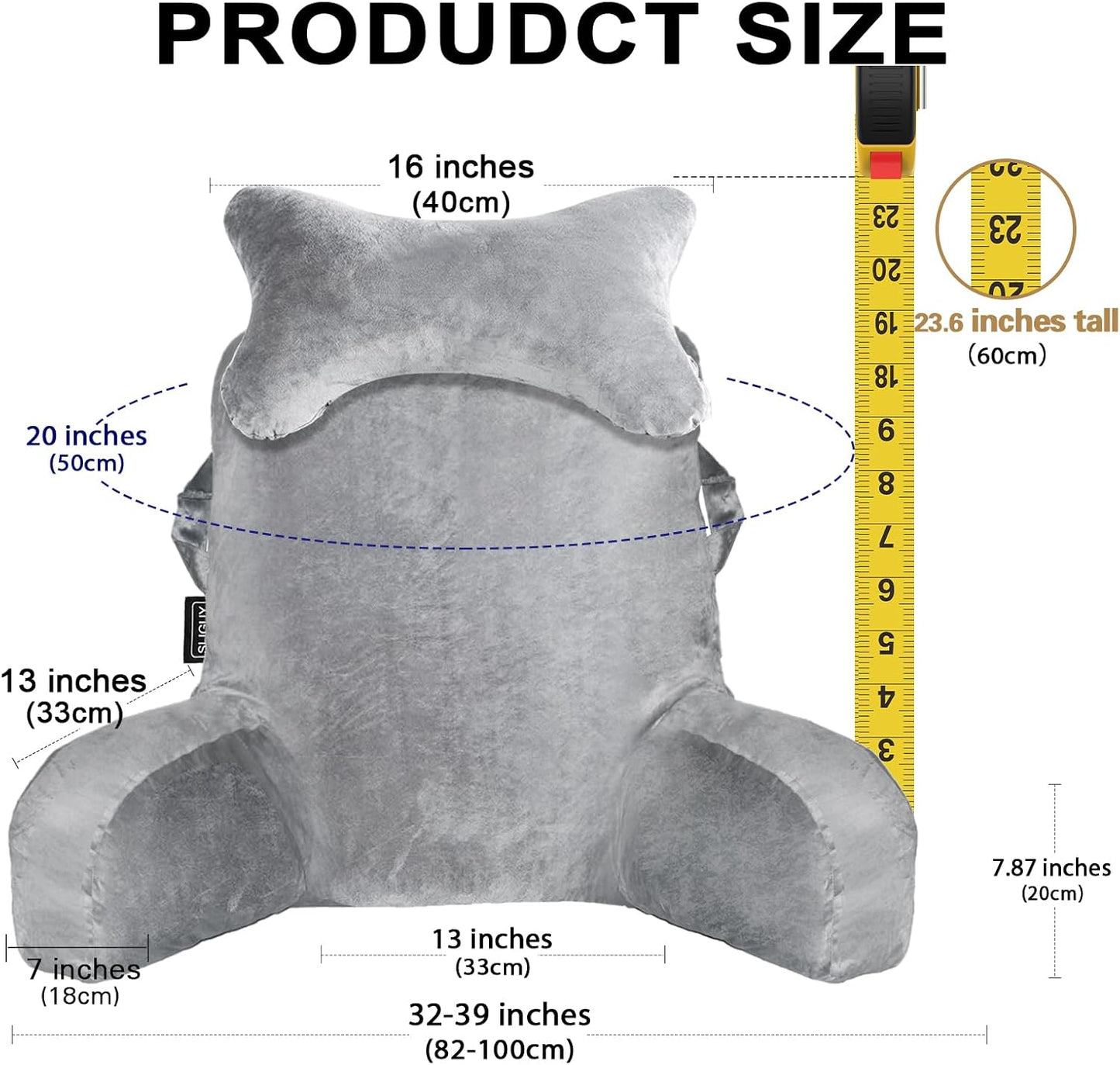SLIGUY Reading Pillow for Sitting in Bed Couch Adult, Back Pillow with arm Support and Pockets, Adult Back Pillow Bed Chair for Bed Rest, Reading, Watching TV, Gaming for Boys and Girls Light Grey