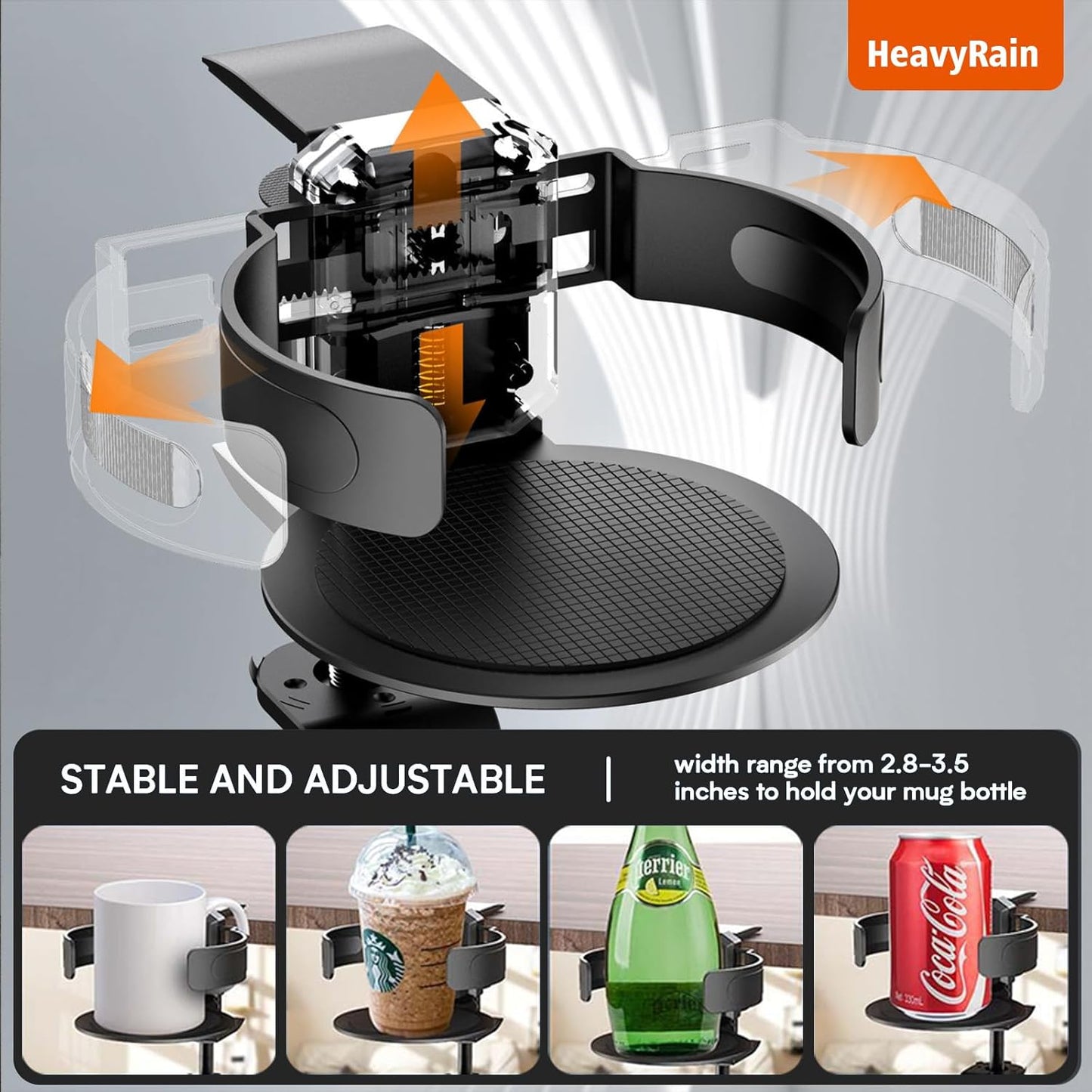 HeavyRain 3-in-1 Desk Cup Holder with Headphone Hook, Anti-Overflow Coffee Mug Holder for Desk, Sturdy Aluminum Clamp-on Cup Holder for Wheelchair, Couch, Office, Gaming Desk Accessories, Black
