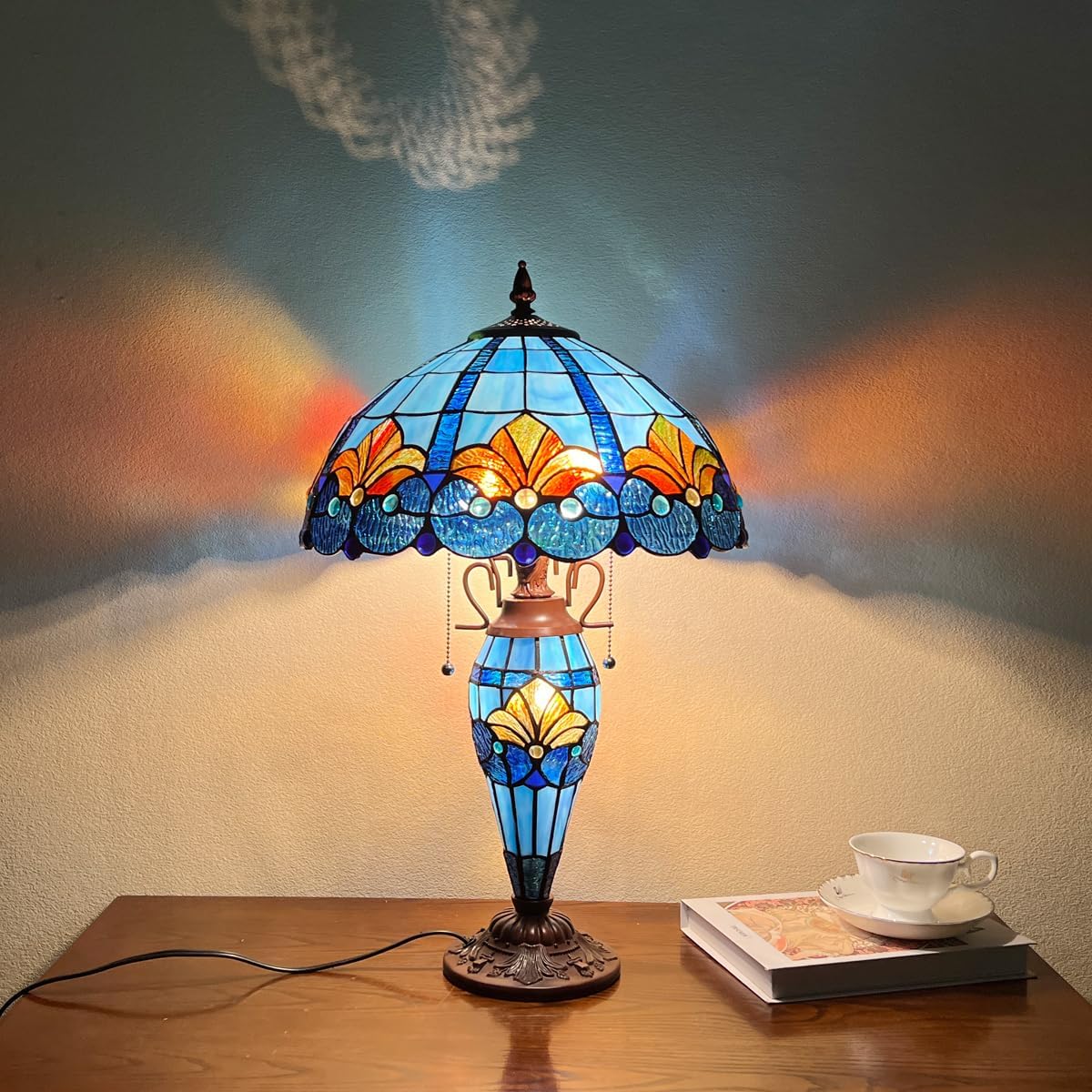 Tiffany Table lamp with nightlight,Blue Stained Glass Desk Light - Antique Style 16” Large 3-Lights Nightstand Bedside Reading Light for Living Room Bedroom Office