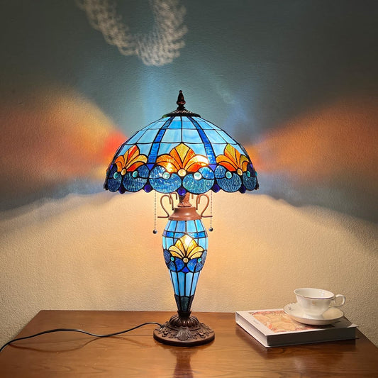 Tiffany Table lamp with nightlight,Blue Stained Glass Desk Light - Antique Style 16” Large 3-Lights Nightstand Bedside Reading Light for Living Room Bedroom Office