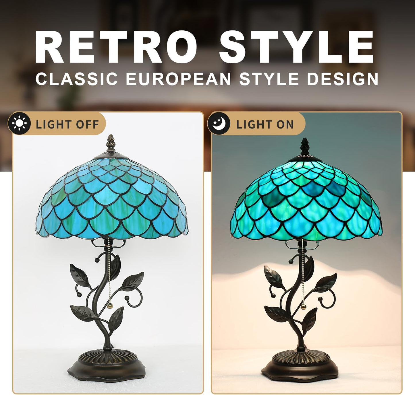 Tiffany Table Lamp, Stained Glass Lamp, 12x12x19 Inch, Metal Leaf Base Decor Lamp for Bedroom、Living Room、Home、Office(Blue Green Fish Scale Style)
