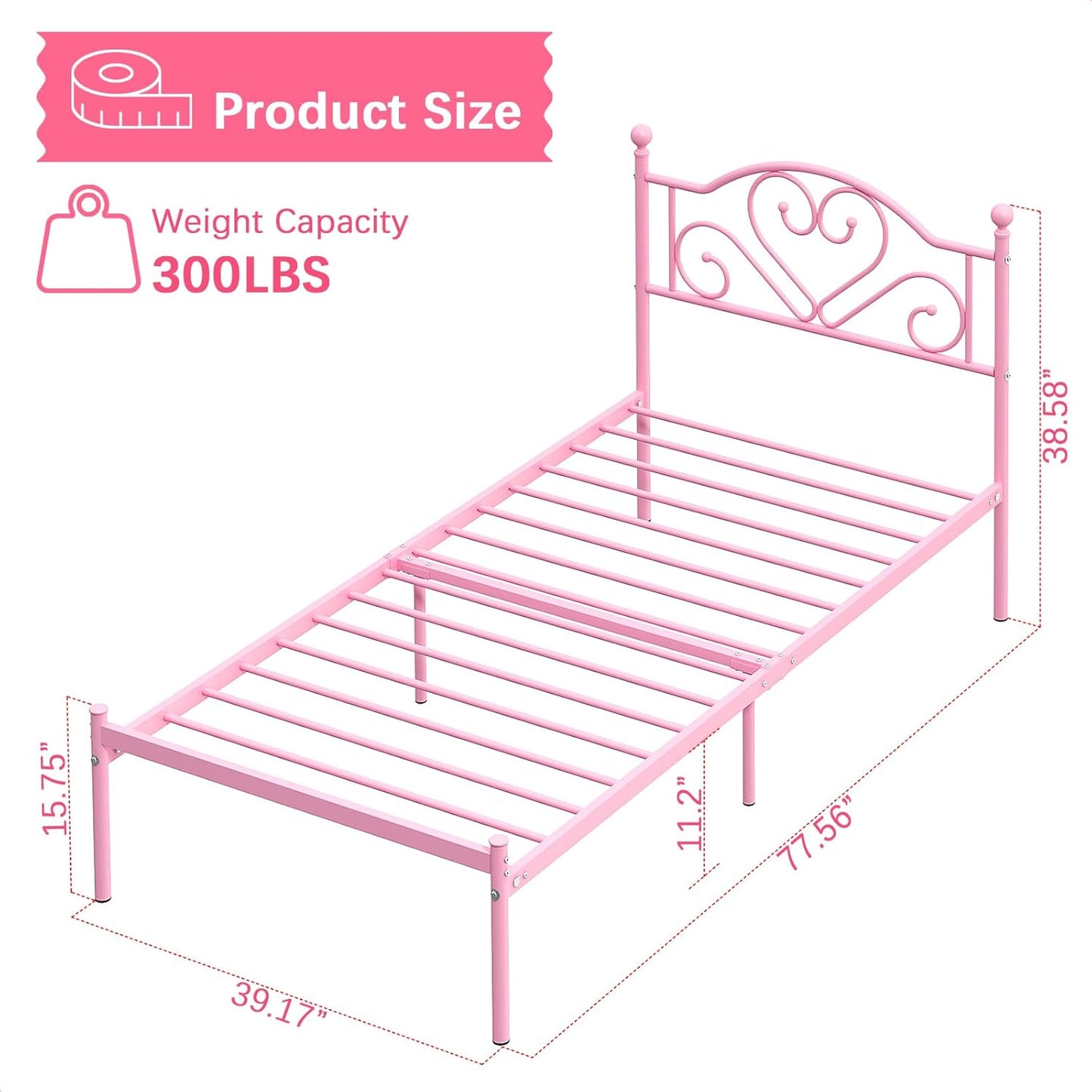 Weehom Twin Bed Frames with Headboard, Heavy Duty Metal Platform Under Bed Storage Space Easy Assembly for Kids Girls Adults, Pink