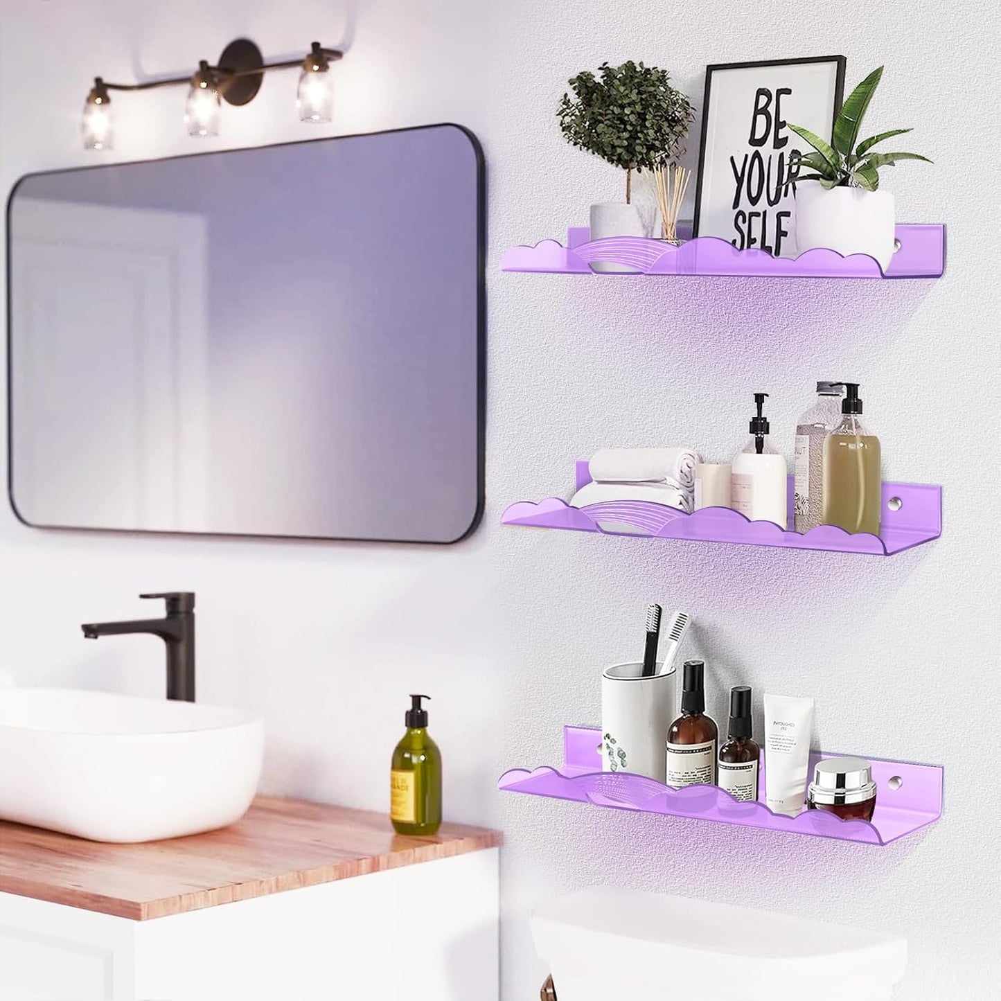 Rainbow Acrylic Floating Shelves, 15in Kids Wall Mounted Nursery Bookshelves, Display Ledge for Books Toys Cosmetic Storage, Bathroom Bedroom Living Room Wall Organizer, 4 Pack, Purple