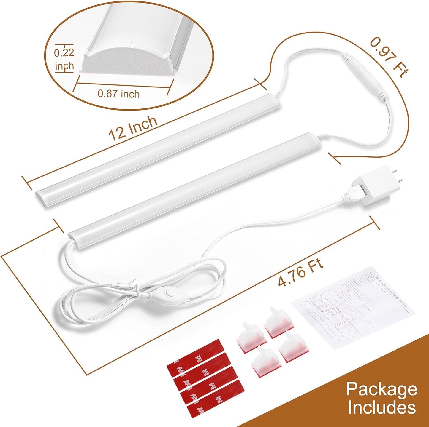 JUSJUBR Plug-in Under Cabinet Lighting, 2pcs 12 Inch Dimmable Closet Light, Cold White 6000K Linkable USB LED Light Bar, Memory Function, Under Counter Lights for Kitchen, Desk, Workspace