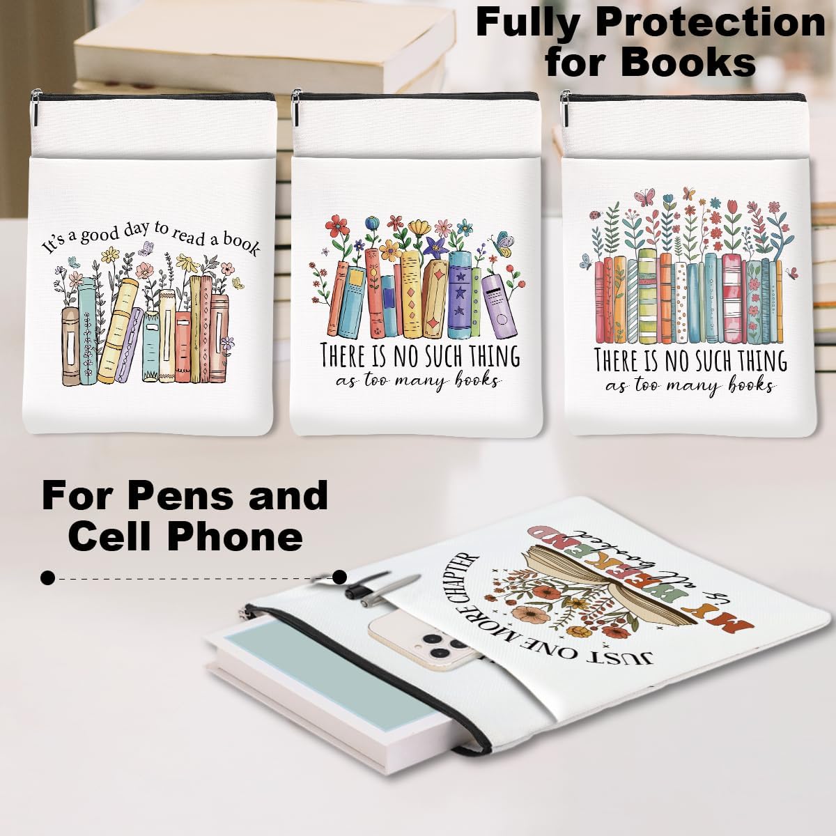 Book Lovers Gifts，Bookish Gifts Book Sleeve Books 4Pcs Pouch Protector with Zipper, Reading Accessories, Birthday Friendship Appreciation Gift for Women Bookworm Reader Friend Teacher Librarian