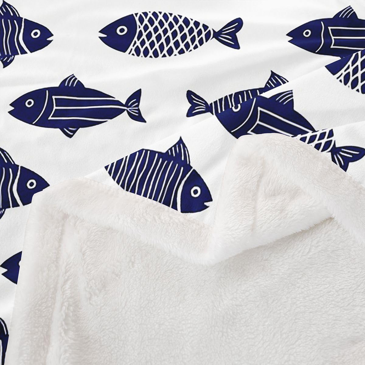 Feelyou Fishes Sherpa Throw Blanket for Couch Blue Fish Super Soft Cozy Fleece White Blue Floral Blanket for Winter, Plush Throw Nautical 40"x50" All Season