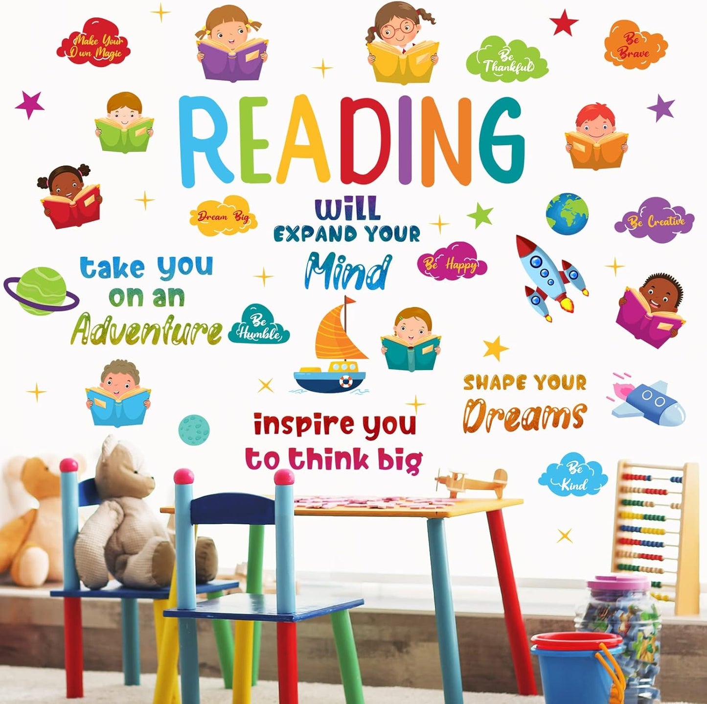Leinuosen Kids Wall Decals Classroom Colorful Inspirational Decals Daycare Playroom Wall Decor Motivational Positive Saying Sticker(Reading)