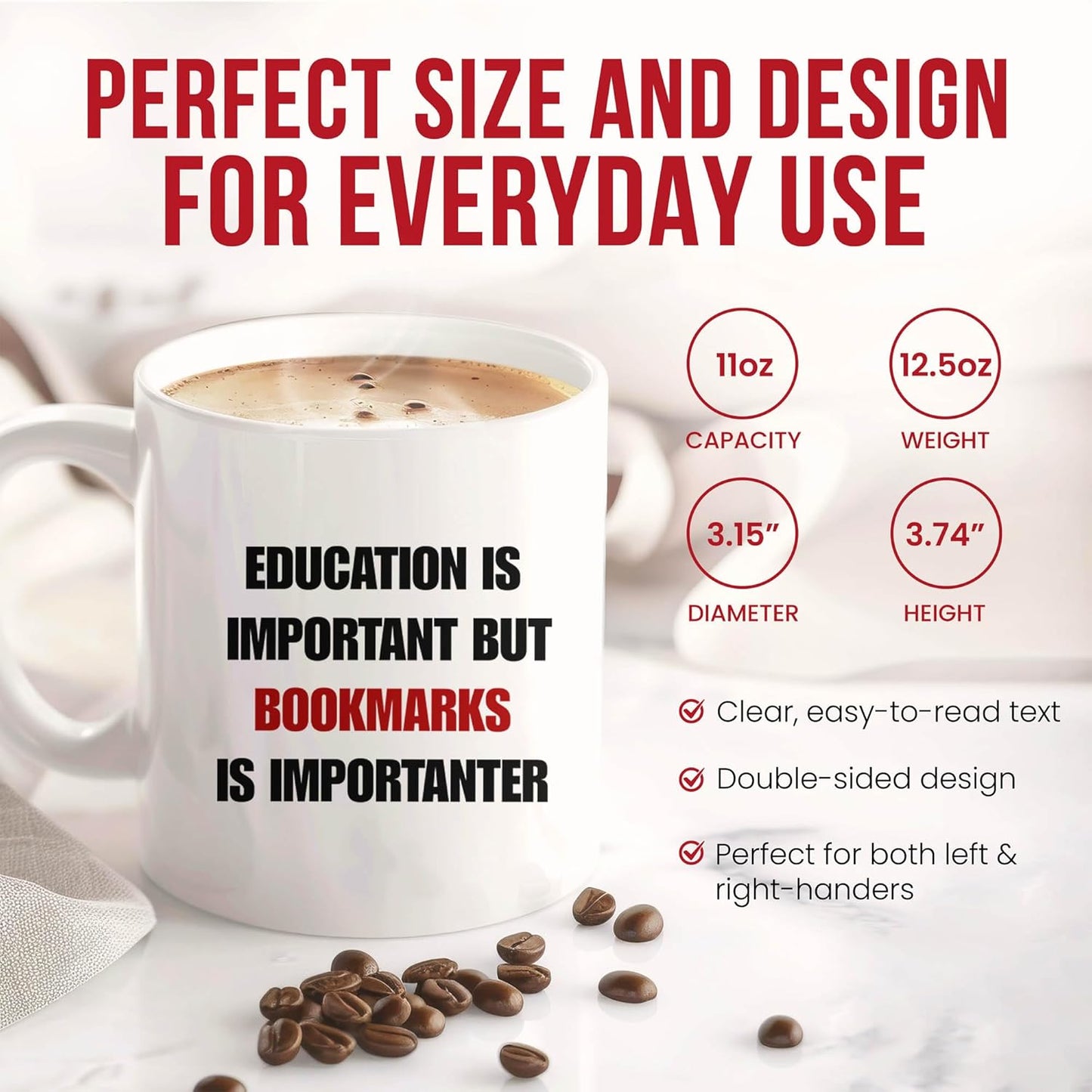 Education Is Important But Bookmarks Is Importanter Mug - Reading Aficionado Coffee Cup - Lover Funny Gift From - Literary Fan Tea Mugs - Enthusiast Cups - 11 Oz Ceramic Gifts For Bibliophile