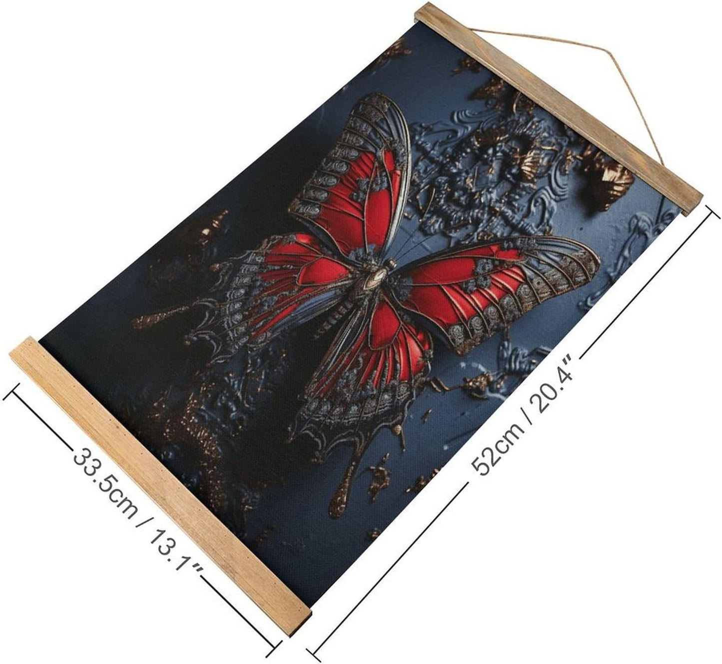 Vintage Red Butterfly Poster with Wooden Frame Personalized Linen Hanging Scroll Painting Rustic Wall Hanging Illustrative Modern Artwork Decor for Home Living Room Bedroom Office