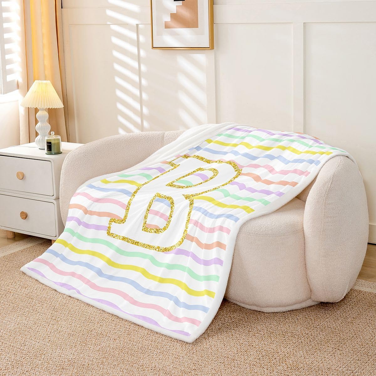 Personalized Initial Letter B Fleece Throw Blanket 40"x50" Kids Abstract Sherpa Blanket Plush Fuzzy for Boys Girls Teens Modern Striped for Bed Couch Chair Living Room Soft Microfiber Geometric