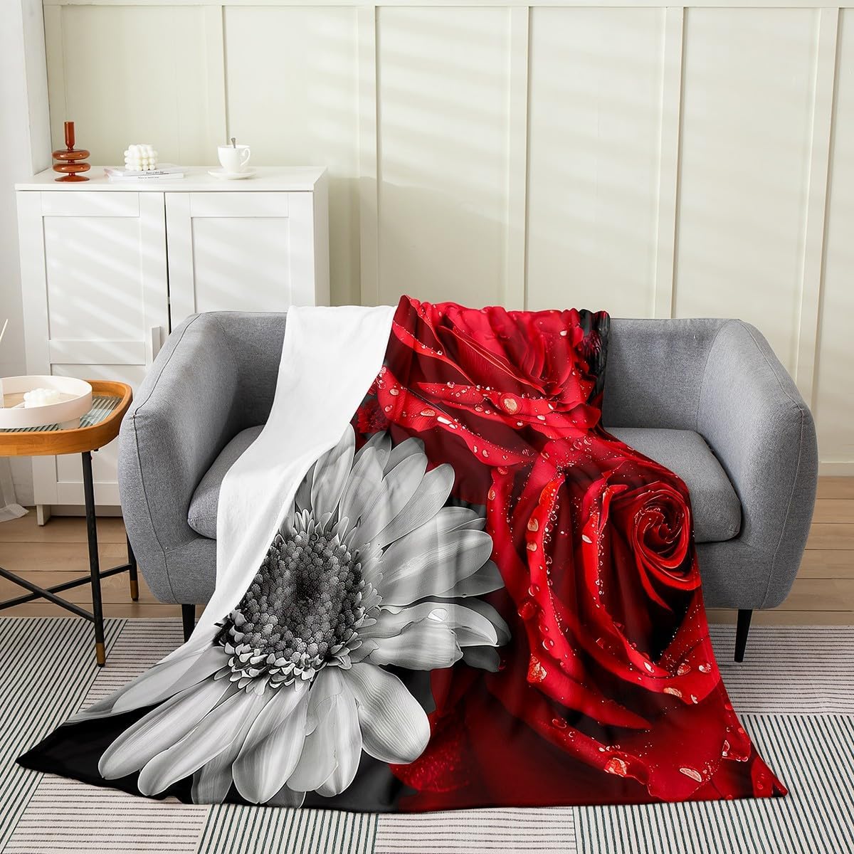 Erosebridal Valentine's Day Throw Blanket Twin Size, 3D Red Rose Fuzzy Blanket, Farmhouse Floral Flannel Fleece Blanket, White Daisy Flower Plush Bed Blanket, Botanical Soft Cozy Sherpa Blanket