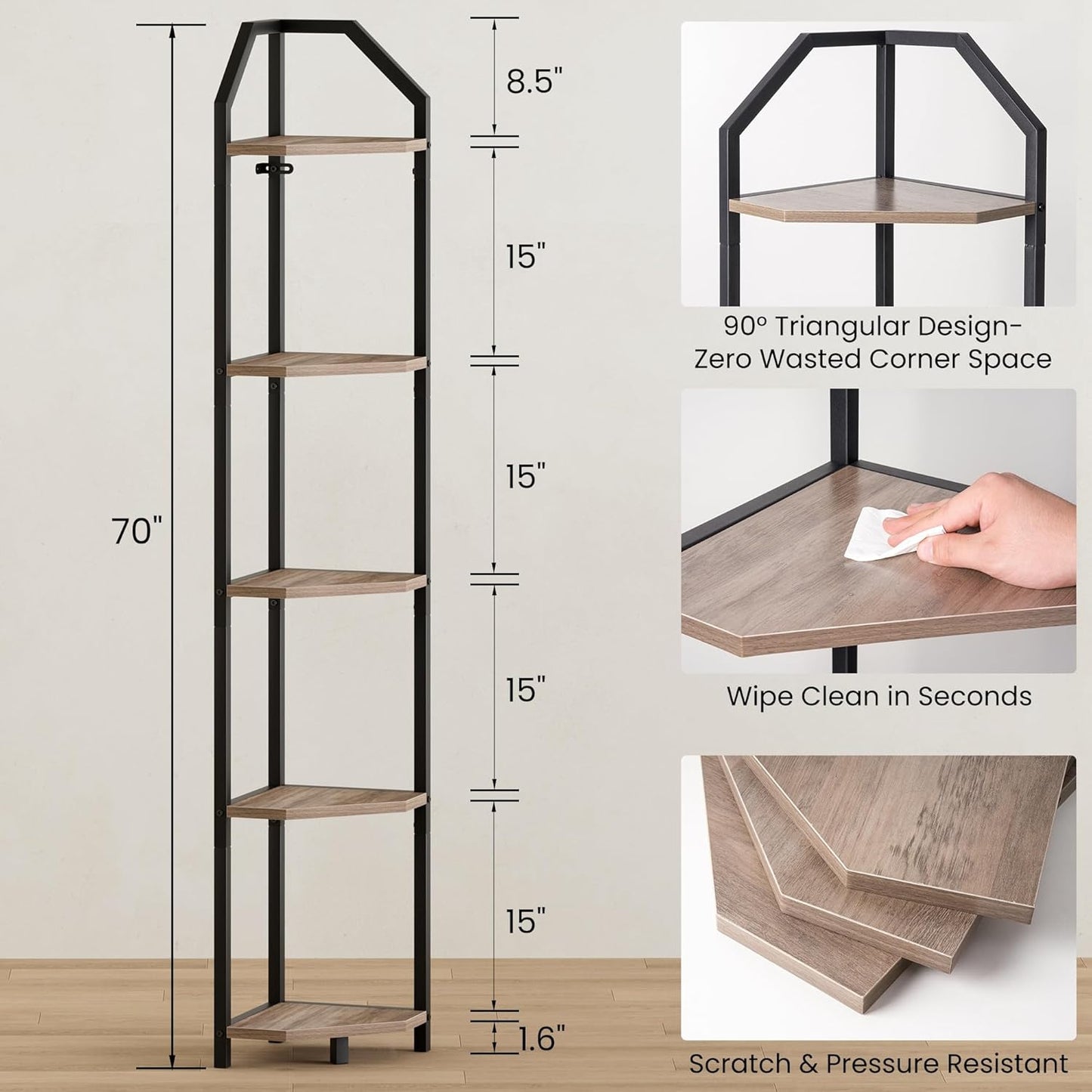 70 Inch Corner Shelf with LED Lights, 5-Tier Corner Bookshelf for Small Spaces, Wood & Metal Storage Rack for Bedroom, Living Room, Office - Modern Space Saving Design- Grey