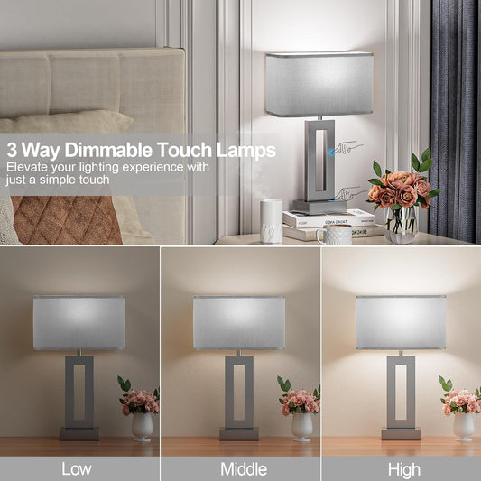 Seealle Bedroom Table Lamps Set of 2 - Grey Touch Bedside Lamps with USB C+A, 3 Way Dimmable Gold Lamp for Nightstand, Modern Night Stands Lamps for Living Room End Tables