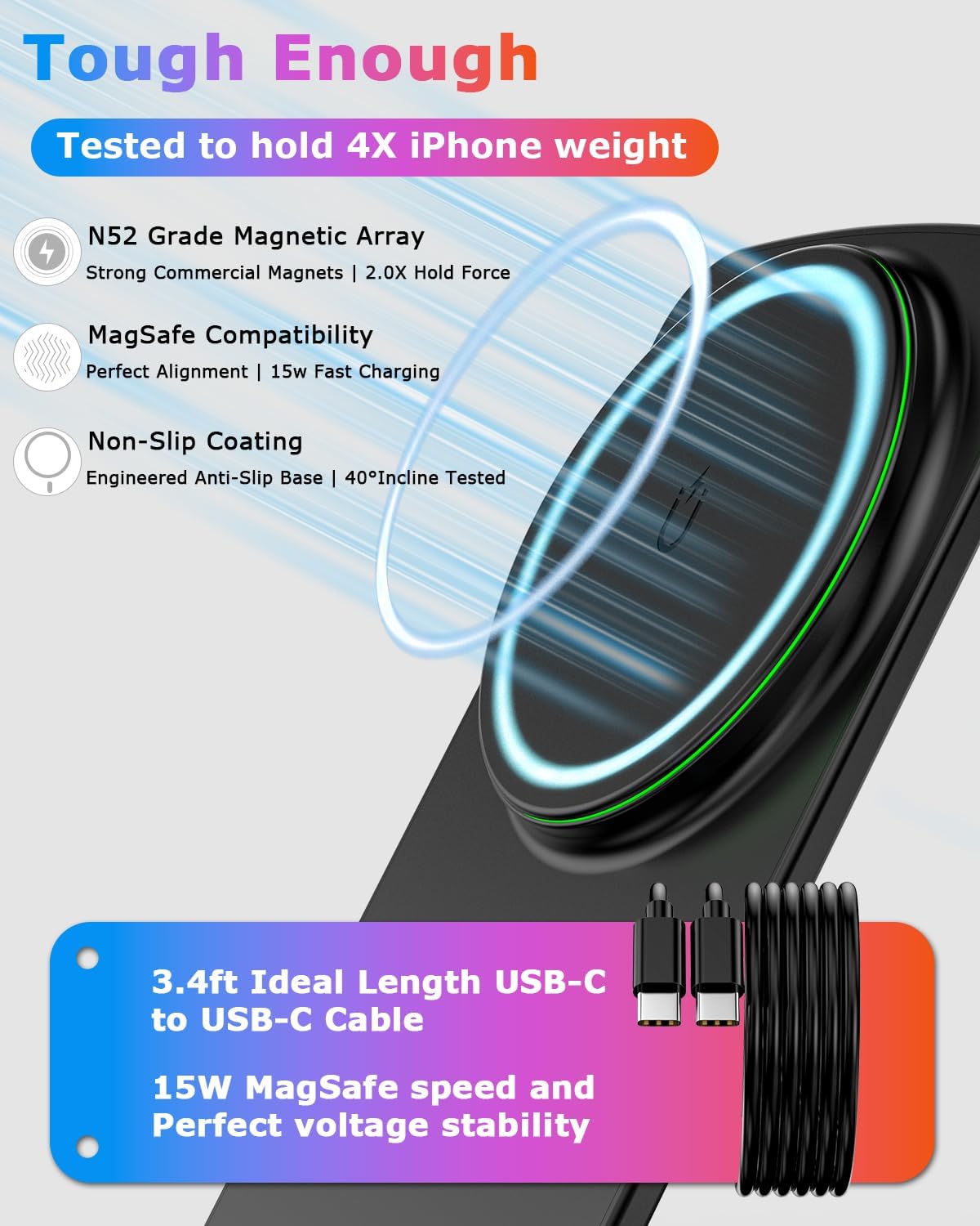 Universal MagSafe Charger Stand, Magnetic Wireless Charger for iPhone 17-12 Samsung Galaxy S26-S21 Google Pixel 10-6, with C to C Cable and Sleep-Friendly LED Indicator Ring (Onyx Black, No Adapter)