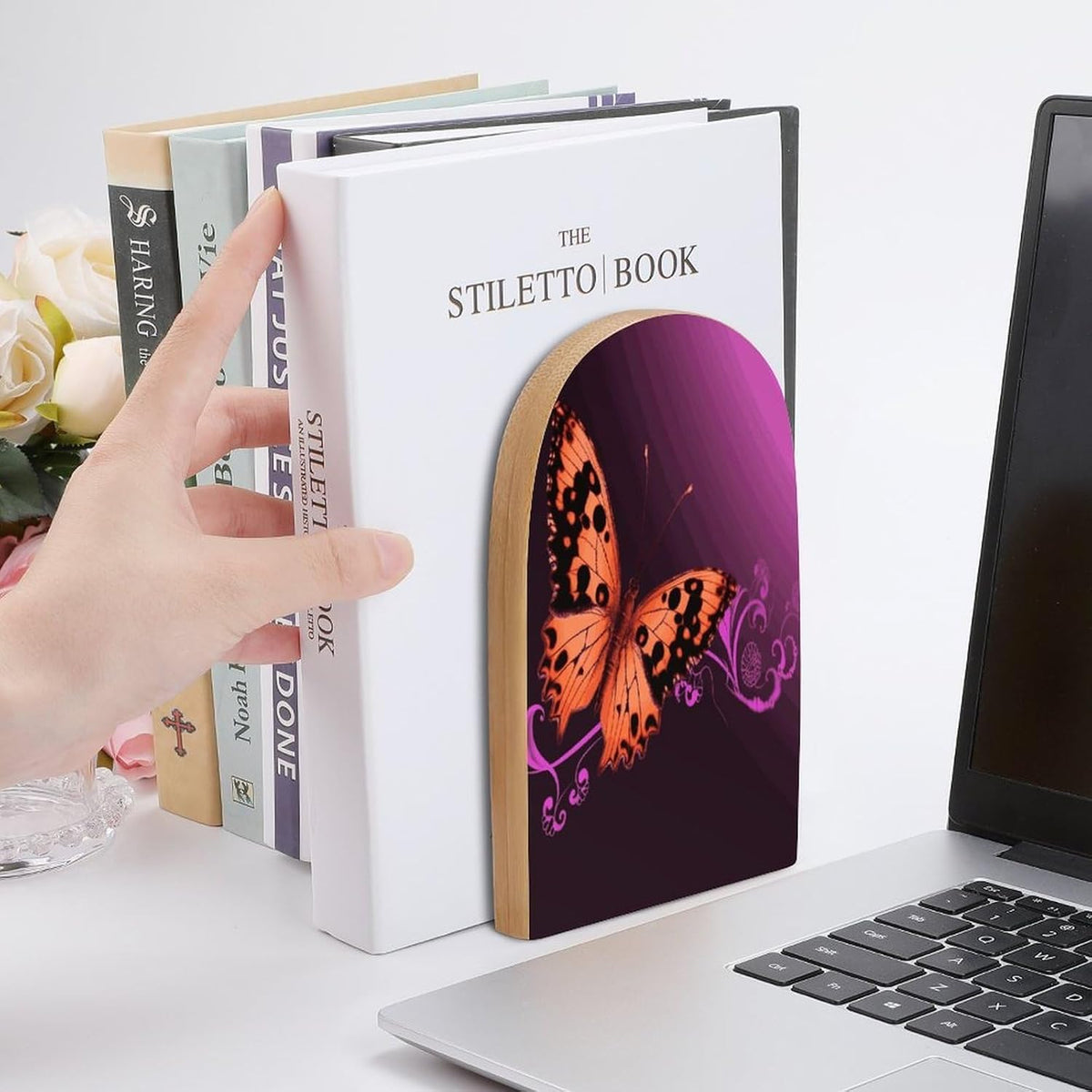 Non-Slip Bookend for Shelves Nice Butterfly Wooden Bookends with Metal Base Decorative Book Stopper for Home Heavy Duty Wood Book Storage for Books/CDs