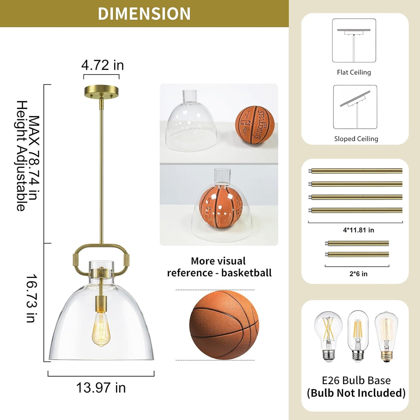 14’’ Large Pendant Lights Kitchen Island, 1-Light Modern Brass Gold Kitchen Island Lighting with Glass Shade, Adjustable Hanging Pendant Light for Dining Room Bedroom Hallway E26