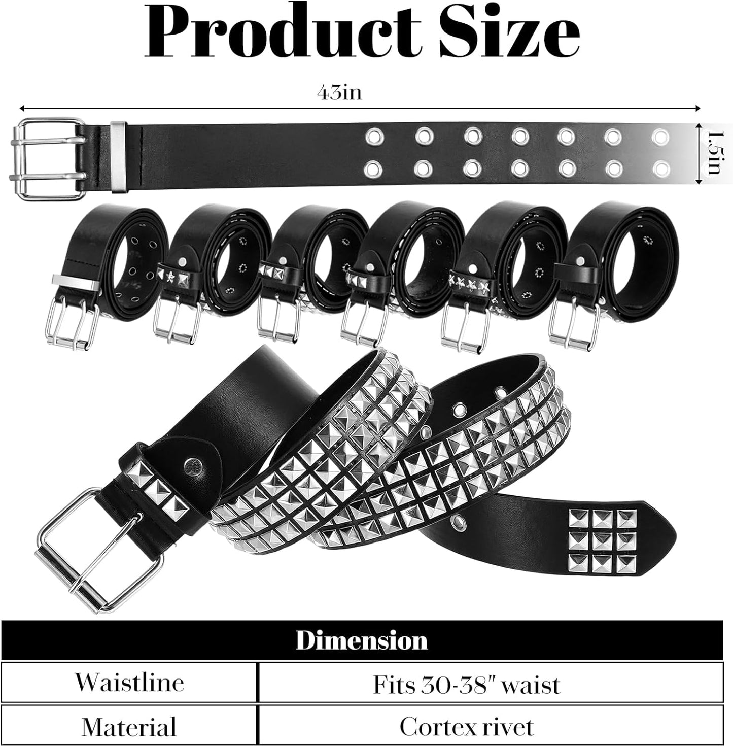 6Pcs Studded Belt Set for Men & Women - Punk Gothic Rivet Faux Leather Belts with Double Grommet, Square Studs, Small & Large Star Designs Adjustable Waist Belt for Jeans Costume Party Gift