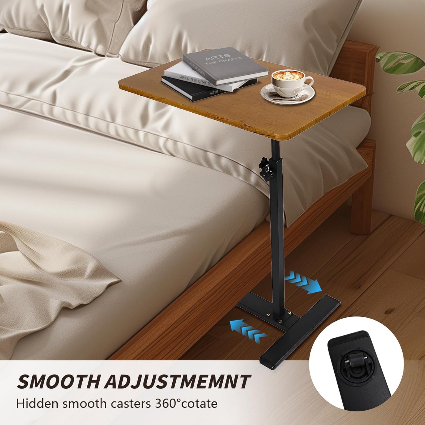 Simcat Adjustable Height Side Table TV Tray, 360°Swivel End Table, C Shaped Side Tables with Wheels for Living Room, Bedroom, Corners and Office (40 * 60cm, Wood Color)