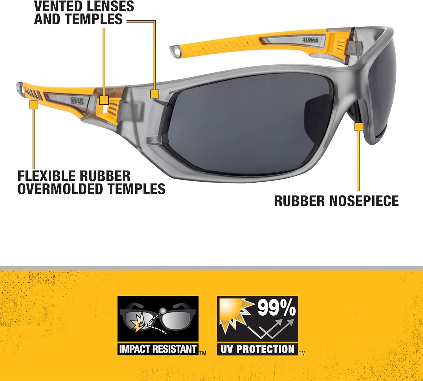DEWALT DPG112-2D Miter™ Premium Vented No-Slip Safety Glasses – Smoke Lens – Vented Frame & Lenses – Rubber Temples & Nosepiece – 1 Pair