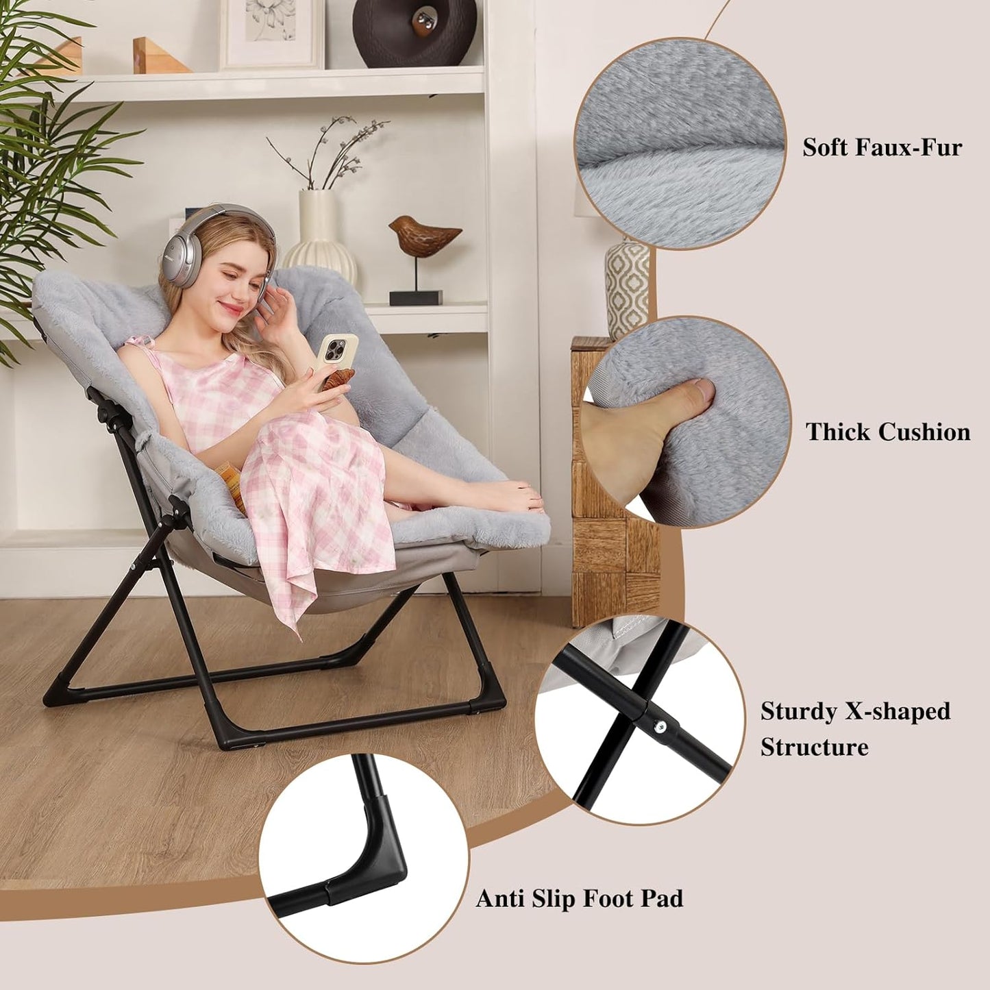 Comfy Saucer Chair for Adults, Soft Faux Fur Bedroom Chair with Ottoman, Accent Dorm Chairs, Living Room Reading Chairs and Footstool, Folding Seat for Teens, X-Large, Grey