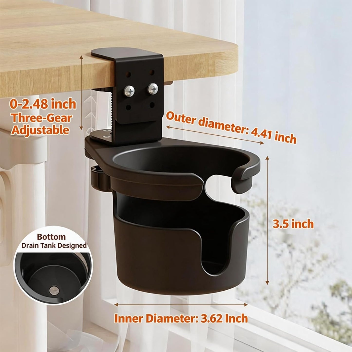 No Drill Desk Cup Holder Clamp, 360° Rotating Anti-Spill Table Cup Holder, Adjustable Clip on Cup Holder for Gaming Desk, Gamer Gift, Drink Holder for Coffee Cup, Office Accessories (Sleek)