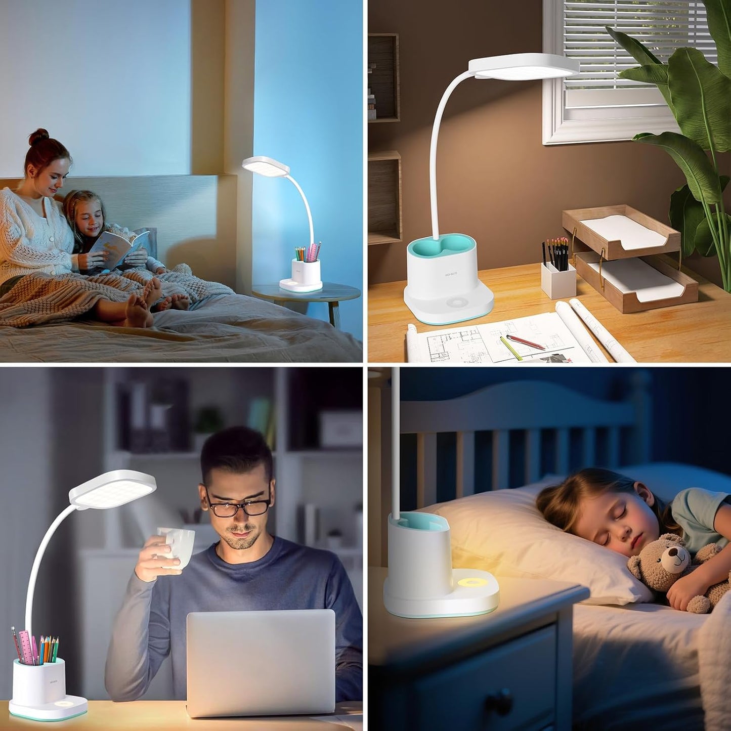 LED Desk Lamp for Home Office Bedroom, 3 Color Modes Dimmable Reading Light with USB Charging Port, Rechargeable Study Lamp for Kids Student with Pen Holder, Table Light 360°Adjustable Arm