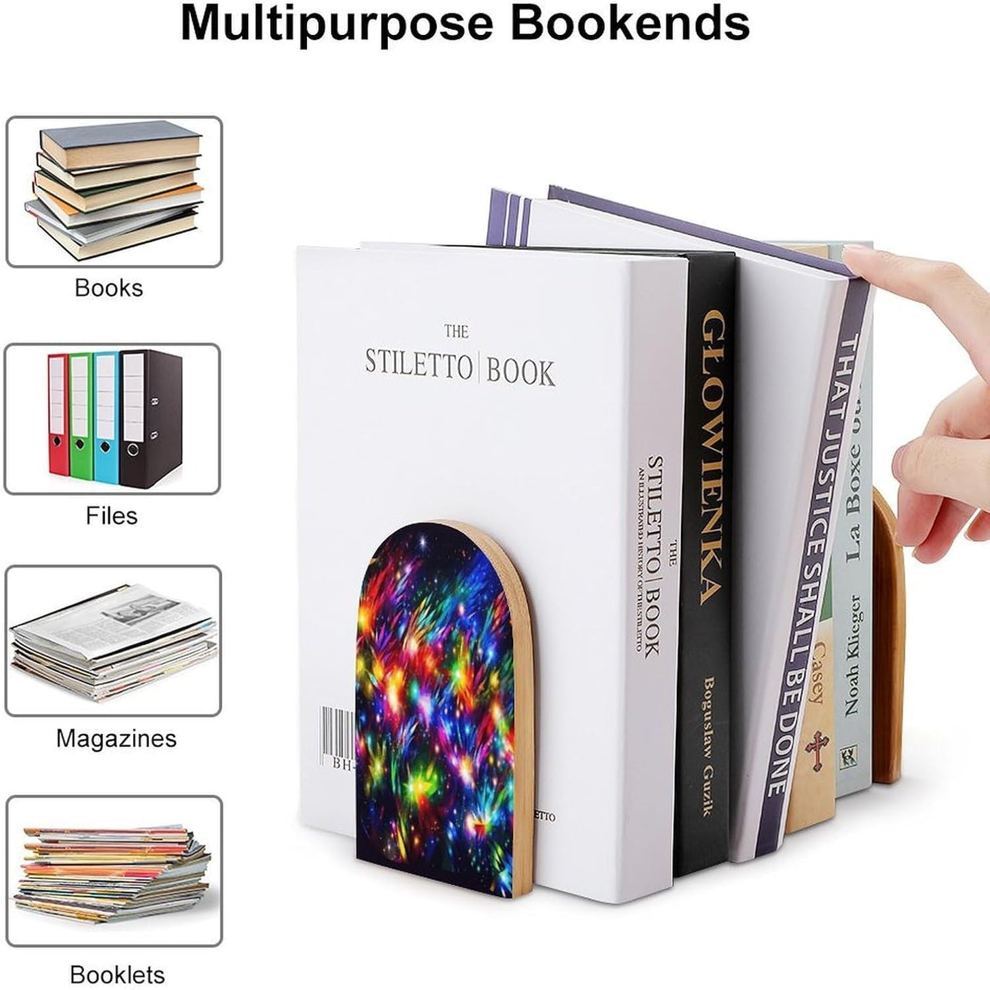 Bright Beautiful Colorful Art Bookends 1 Pair Heavy Duty Book Ends for Shelves Non-Skid Bookend Supports Wooden Book Holders with Metal Base Desk Organizers Books Storage to Hold Books