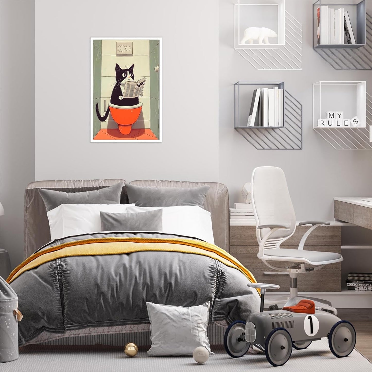 Generic Funny Black Cat Wall Art Poster - Cat Reading Newspaper On Toilet - 12x16in Unframed - Bathroom, Bedroom, Living Room, Office, Kitchen