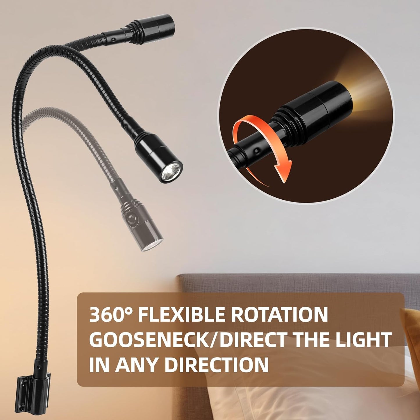 Reading LED Light for Bedside Bedroom Wall Mount Adjustable Gooseneck Black