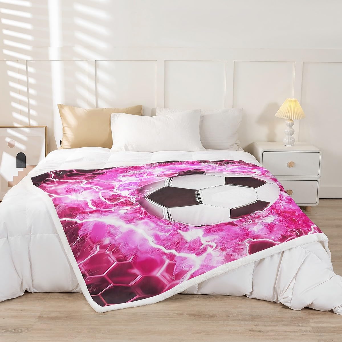 Erosebridal Pink Soccer Blanket Throw 50x60,Girls Football Fuzzy Blanket for Kids Boys Teens,Girly Honeycomb Lightning Throw Blanket,Geometric Hexagon Plush Blanket for Home Room Decor,All Season
