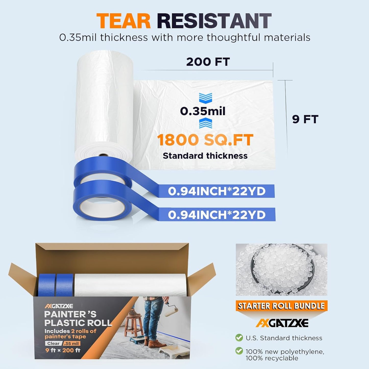 Plastic Drop Cloths, 200' Length x 9' Width Painter's Plastic Film with 2 Rolls Painter's Tape - Disposable Painter's Sheeting & Tarps for Painting Supplies, Furniture/Couch/Floor Protection