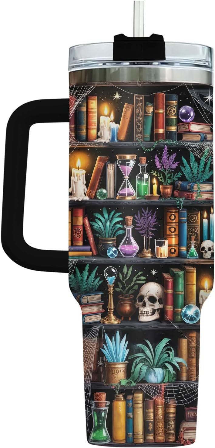 Reading Bookshelf Tumbler 40oz With Handle And Straw, Insulated Stainless Steel Travel Cup, Bookish Water Bottle For Daily Use, Birthday Gift For Book Lovers