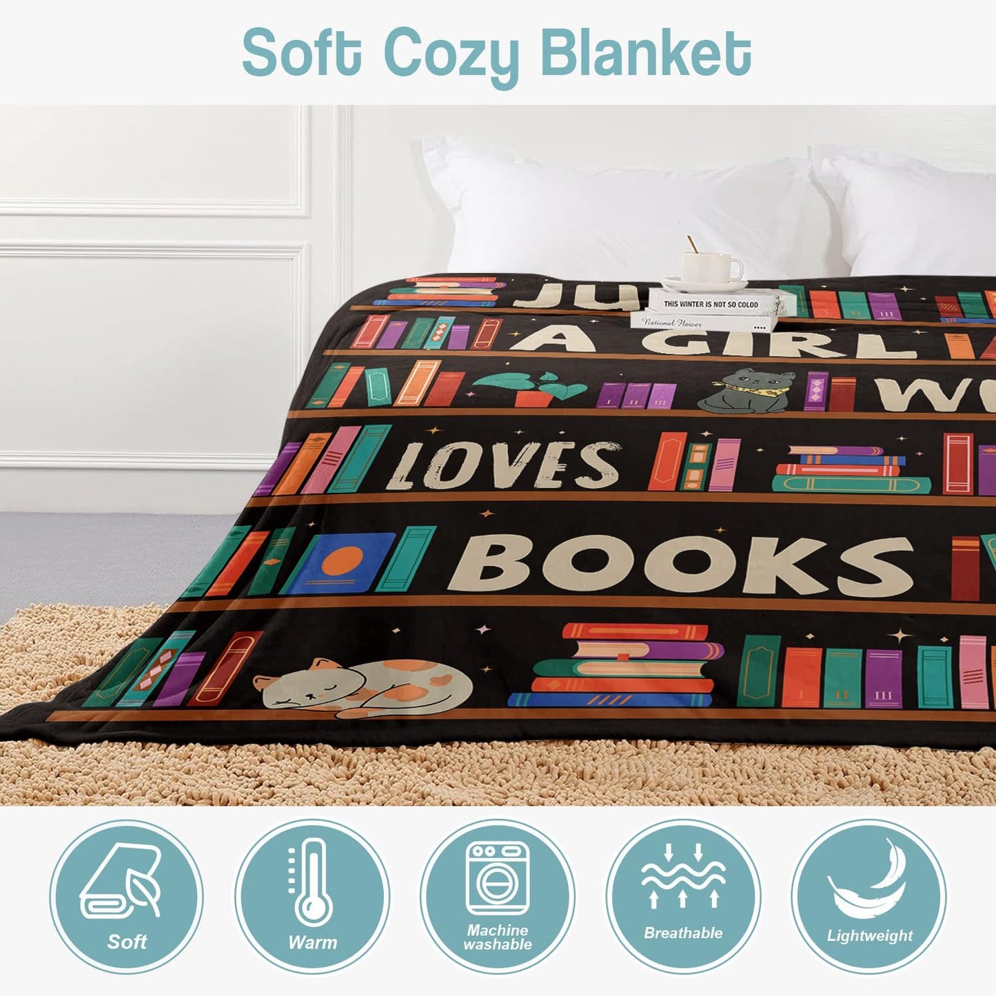 Reading Lover Blanket, Just A Girl Who Loves Books Blanket, Soft Warm Cozy Fleece Throw, Gifts for Girls Teens Kids, 60"x80", Black