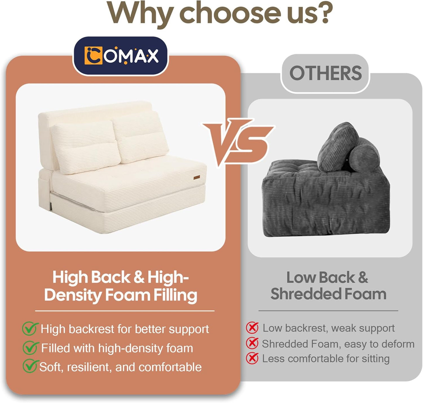 COMAX Folding Sofa Bed, Foldable Couch for Bedroom, Convertible Floor Sleeper Futon Chair Foam, Corduroy 3 in 1 Fold Out Chair Portable Comfy Lounge Couch Sofa Bed for Small Space, Twin, Beige