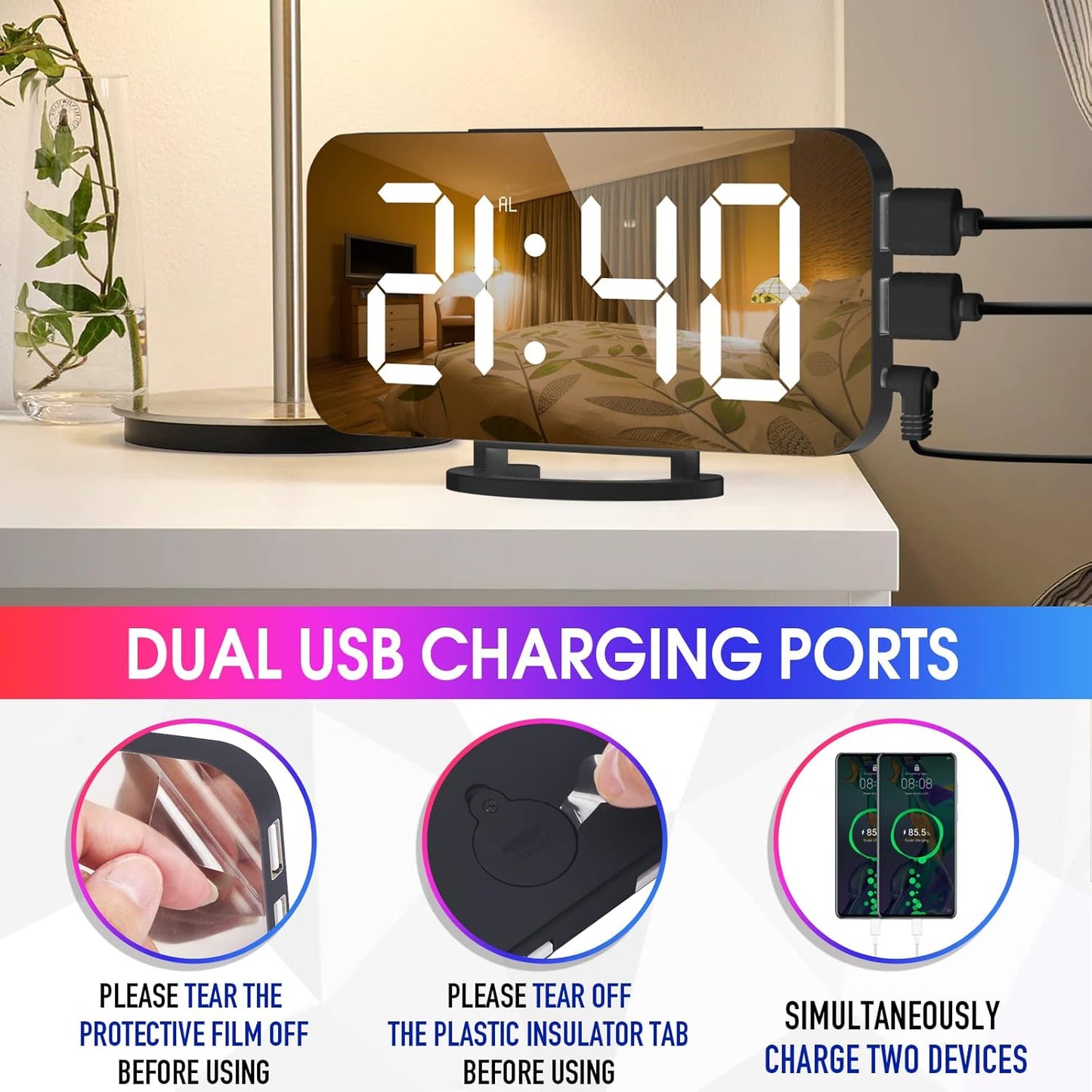 WulaWindy RGB Digital Clock - LED Alarm Clocks Large Display Mirror Surface with Dual USB Ports for Modern Decorations Aesthetic Home Bedroom Living Room Office and Wall Decor - Black