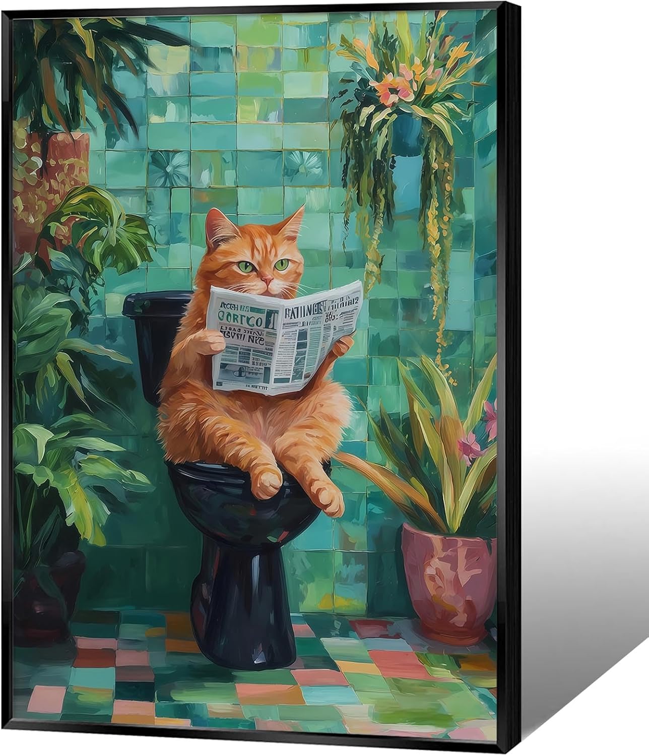 KIJDID Funny Cat On Toilet Reading Newspaper Canvas Wall Art Cute Cat Bathroom Aesthetic Posters Farmhouse Humor Animal Art Picture Painting For Living Room Restroom Wall Decor 12x16in Unframed
