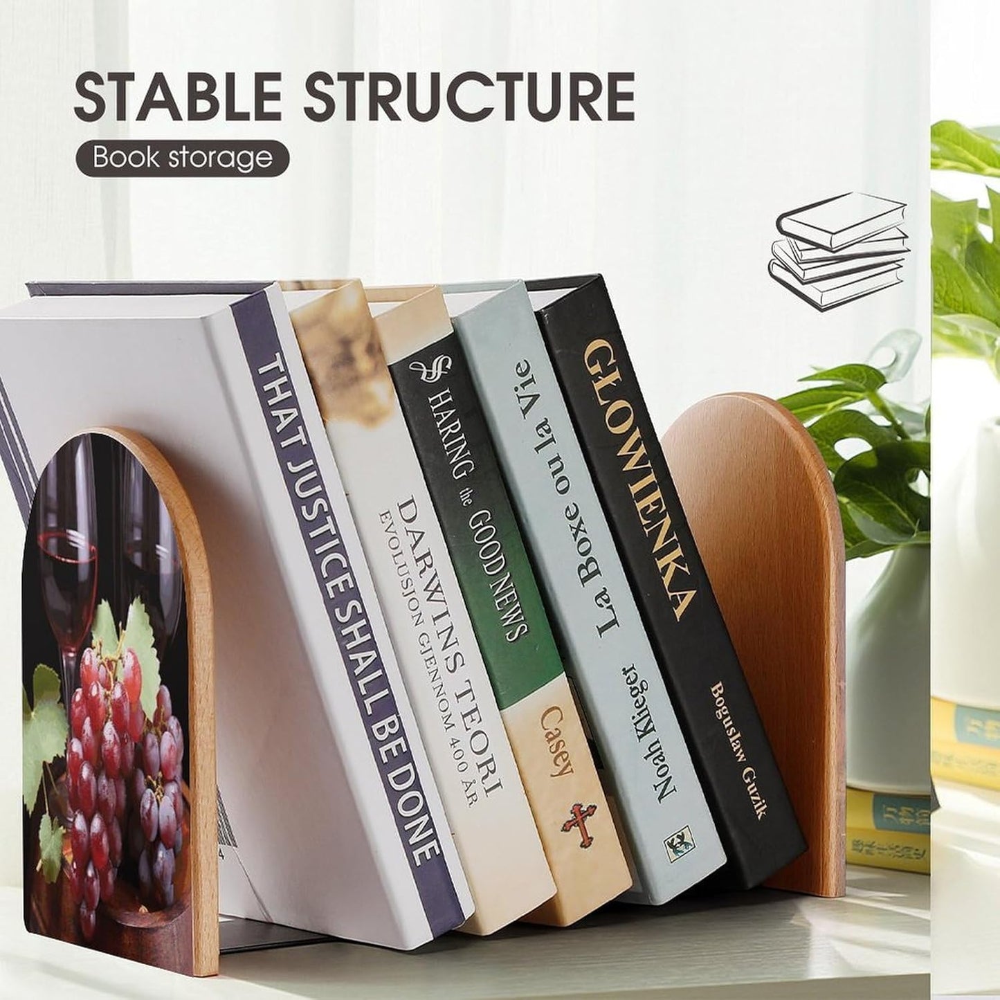 Red Wine Grape Bookend for Shelves Wooden Book End Large Size Sturdy Book Holders Stoppers with Metal Base for Bookshelves Slick Decorative Bookends Stands
