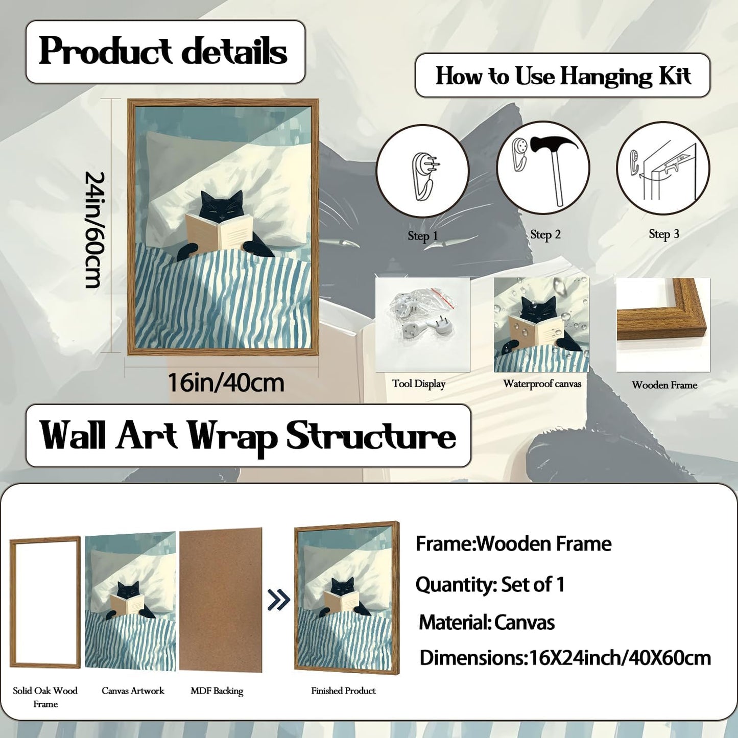 Framed Funny Black Cat Wall Art, Whimsical Cat in Stripe Bed Reading Wall Decor Painting Cute Animal Book Lover Blue and White Poster Canvas Print for Bedroom Living Room 16x24 inch Wood Framed