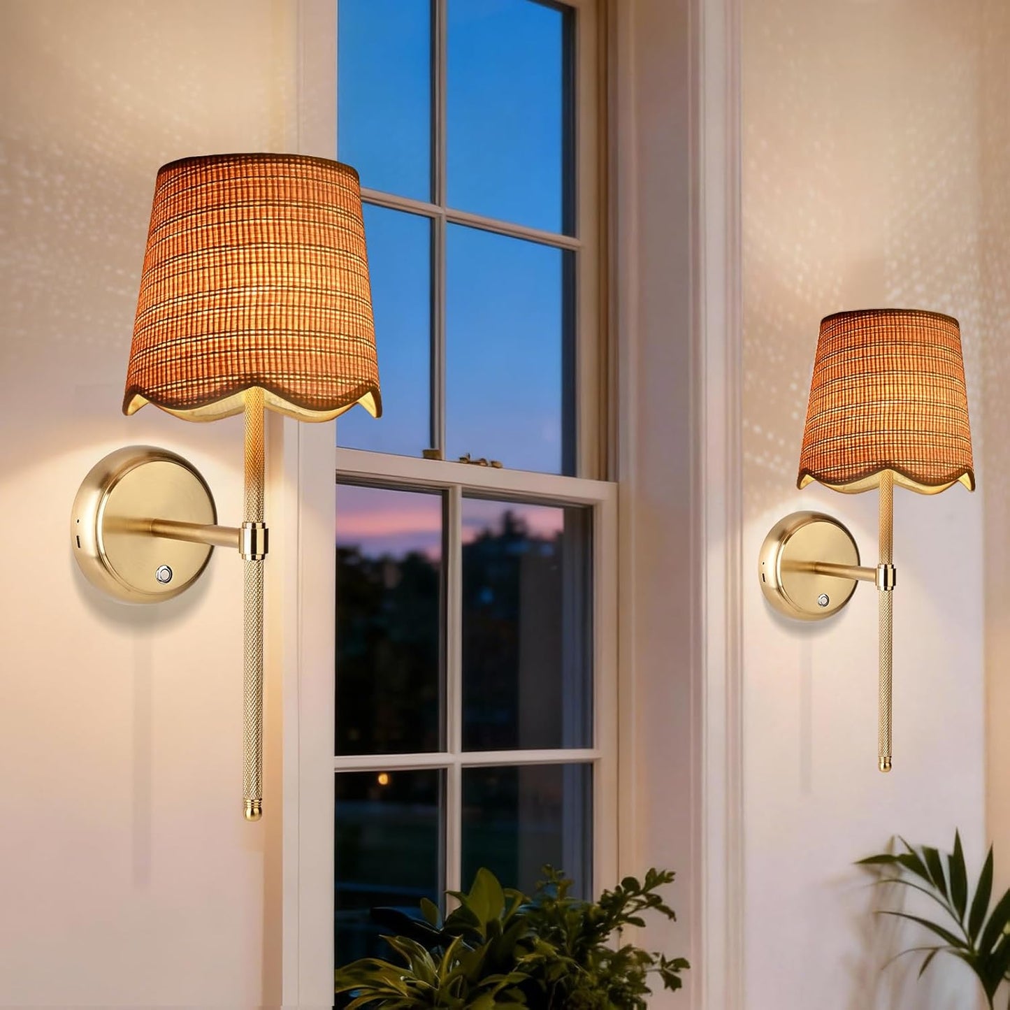 Battery Operated Boho Vintage Wall Sconce Set of 2, Stepless Dimming Rattan Magnetic Wall Lamp, 5200mAh Rechargeable Battery and Integrated LED, for Living Room Bedroom Hallway Corridor