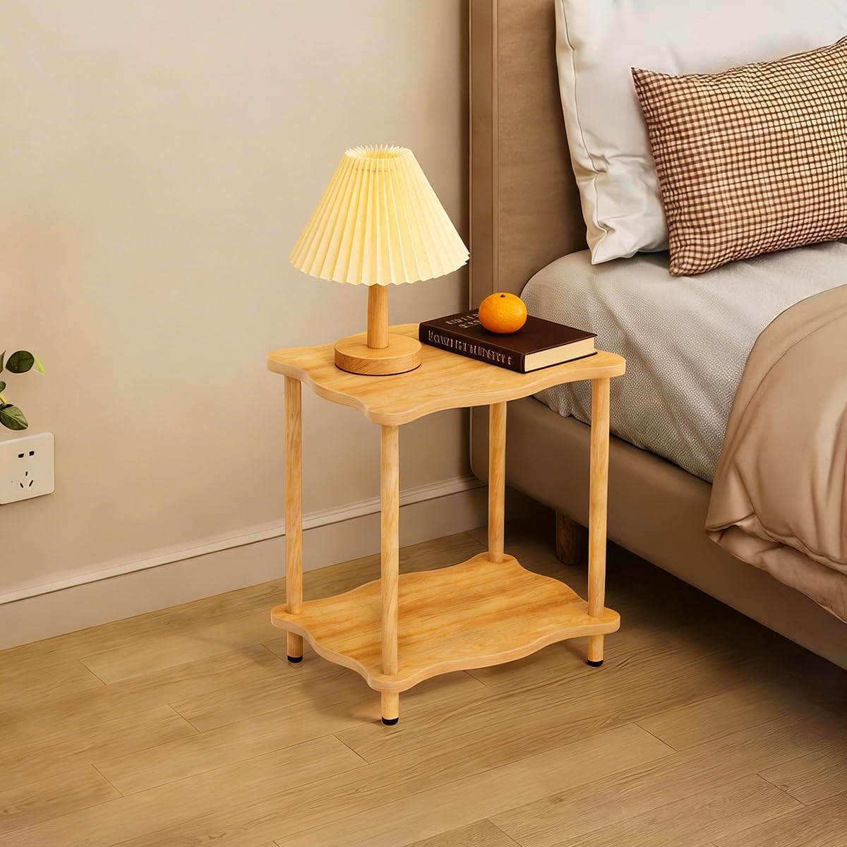 2-Tier Low Side Table 17”H, Space-Saving Small Nightstand with Solid Wood Legs, Tool-Free Assembly, Suitable for Reading Chair, Bedside, Balcony, 15.7”D x11.8”W, Burlywood