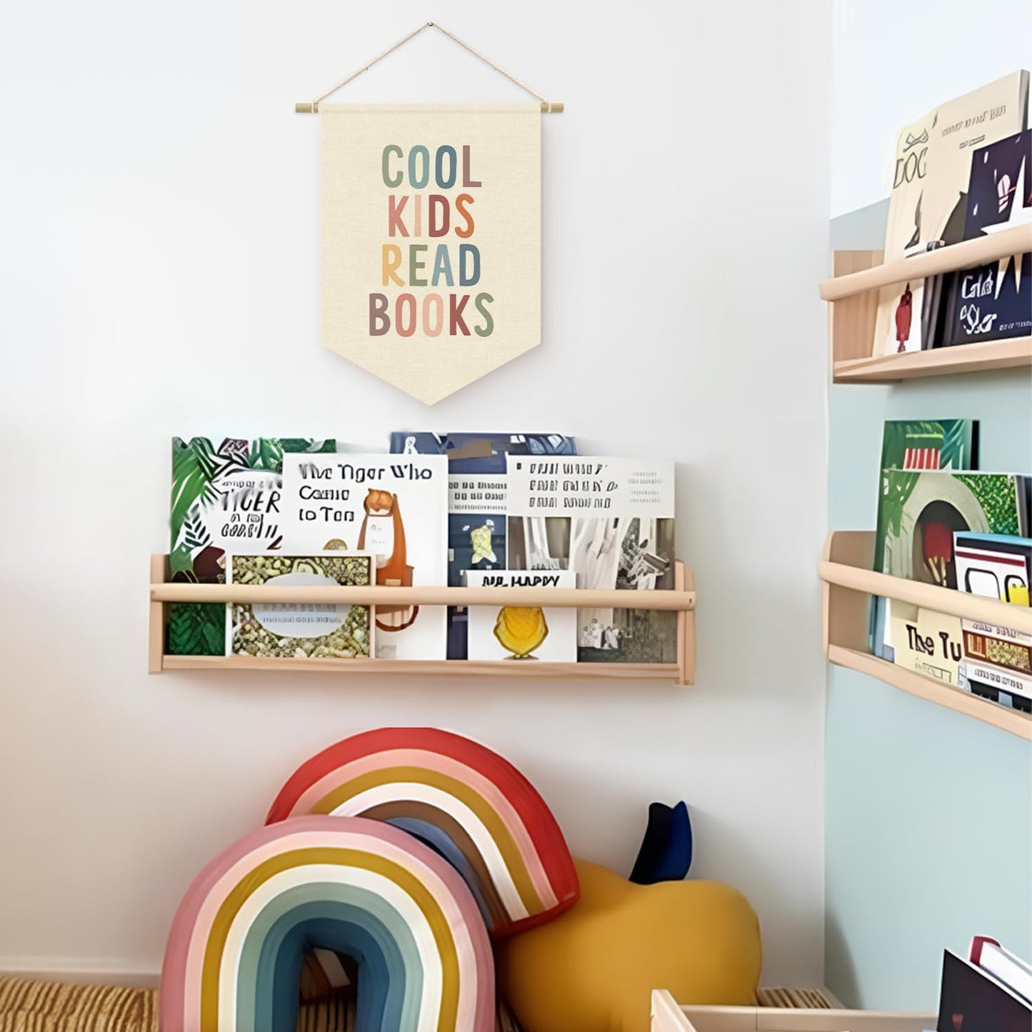Cool Kids Read Books Reading Room Decor - Boho Rainbow Canvas Banner Flag Decor for Kids Nursery Toddler Reading Corner Nook Classroom Library, Wall Hanging Pennant Flag Banner 15x11in