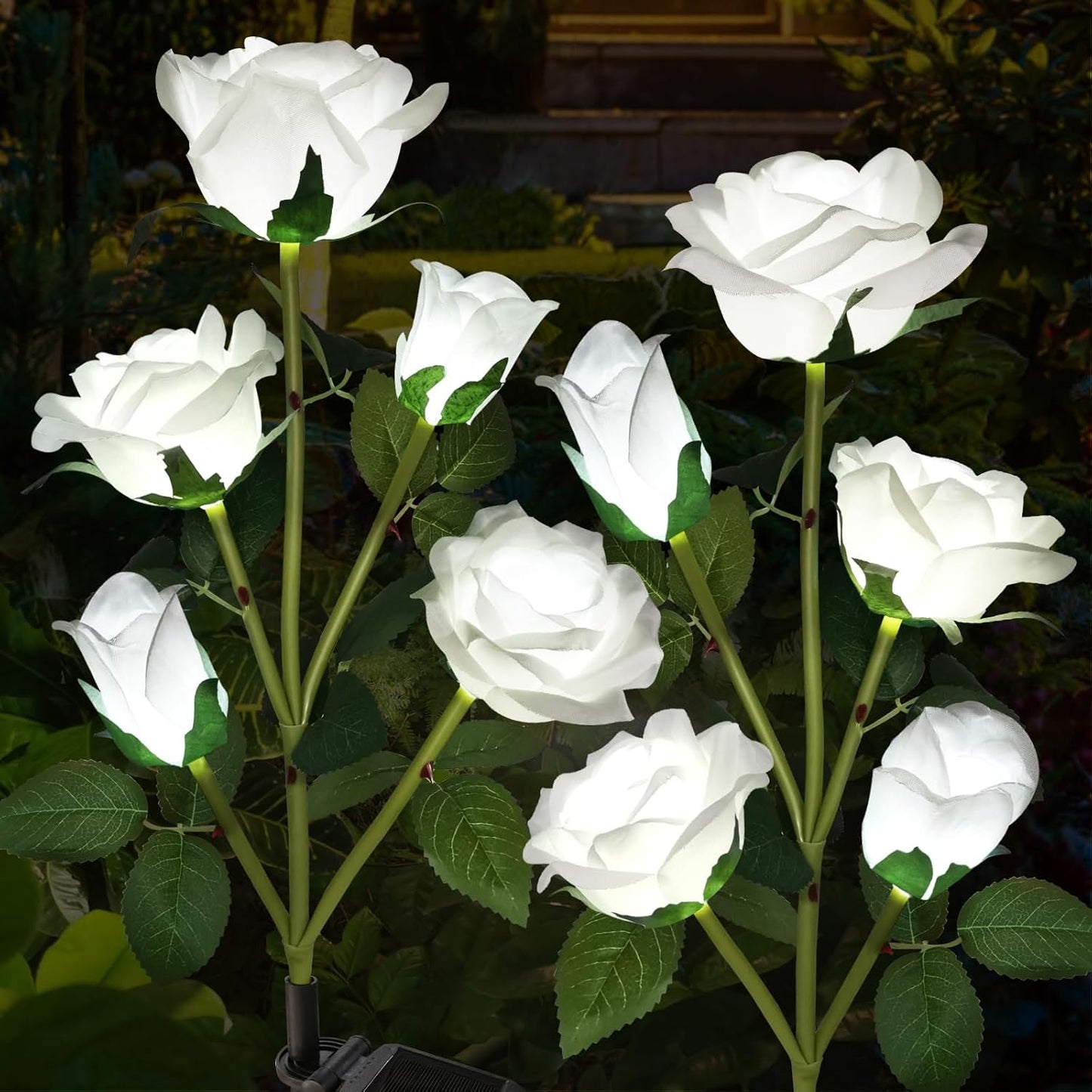 Solar Garden Lights, Solar Outdoor Lights with More Realistic 10 Rose Waterproof Solar Powered Flowers for Outside Patio Yard Pathway Decorations, 2 Pack White