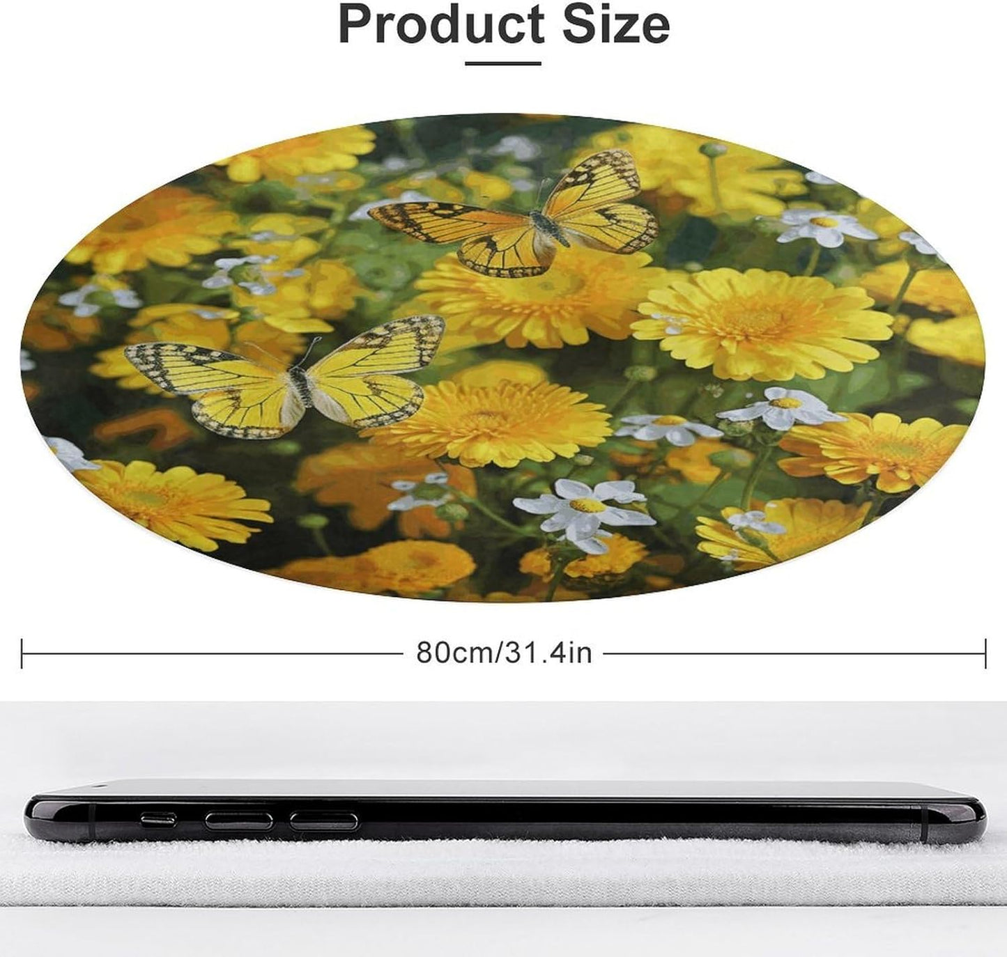 Yellow Butterfly and Yellow Daisies Circle Rug Retro Luxury Coral Velvet Floor Mat Non Slip Soft Indoor Floor Carpet Comfy Thickened Area Rugs Modern Aesthetic Minimalist Carpets for Home Decor