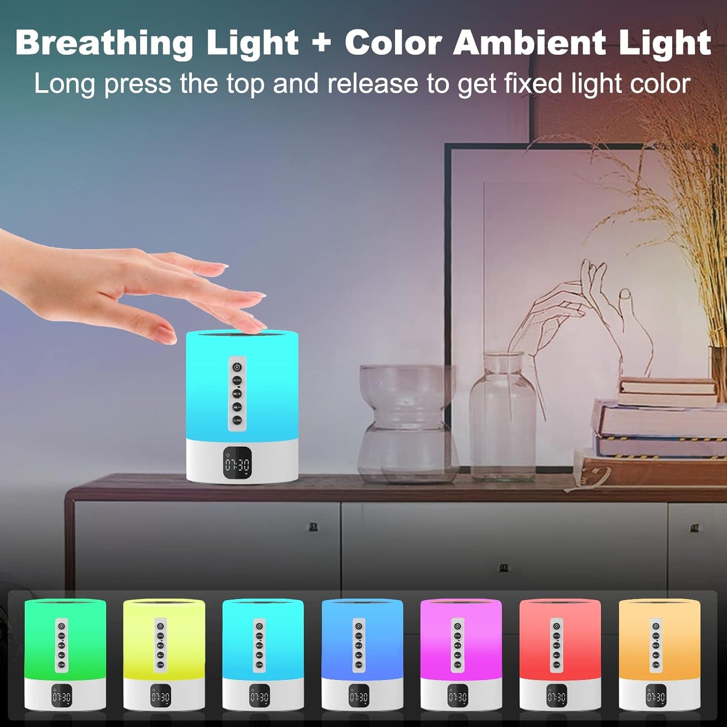 Night Light Bluetooth Speaker Alarm Clock, Sound Machine with White Noise, Touch Bedside Lamp, Dimmable Warm White Light, 48 RGB Color Changing, Ideal Gifts for 10-15 Year Old Teenage Boys Girls