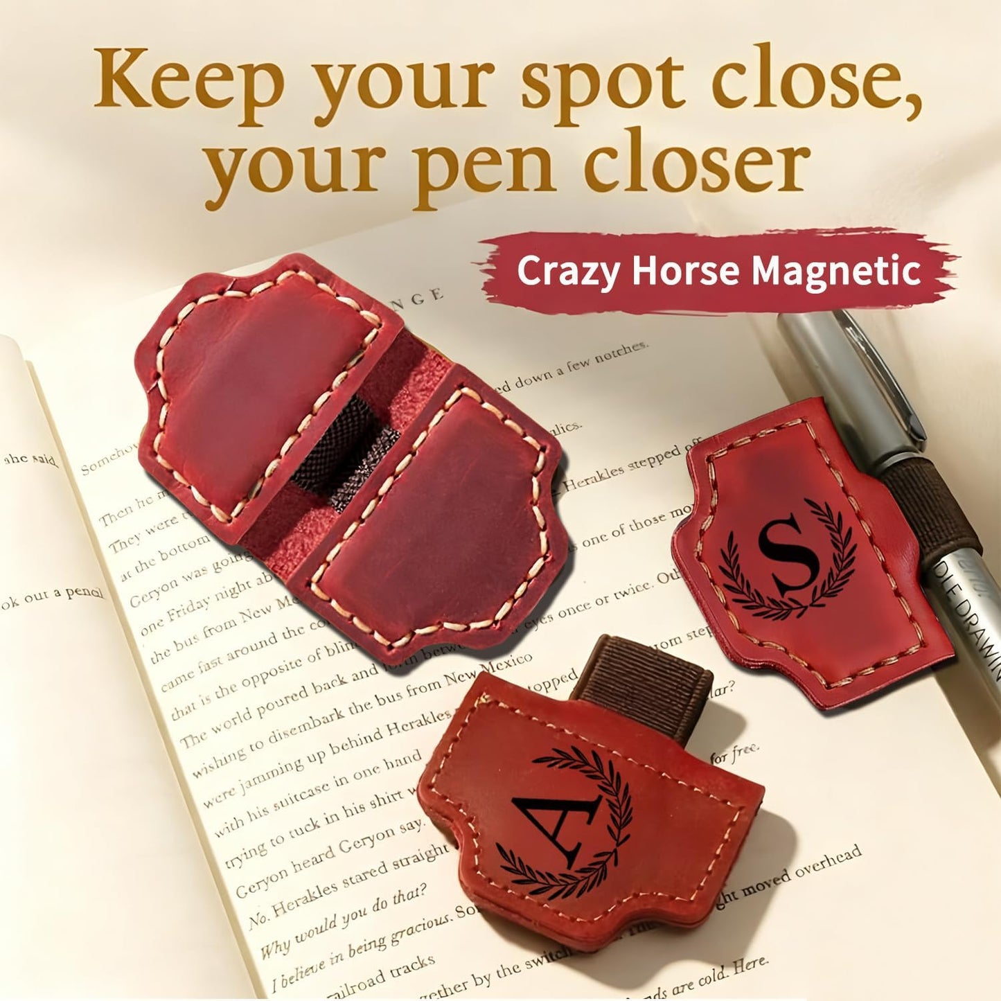 Personalized Magnetic Leather Bookmark, Bygone Mark Bookmark with Pen Holder 26 Letters Custom Book Marker Clip Book Marks for Reading Women, Men, Book Lovers Gifts, (Red-K)