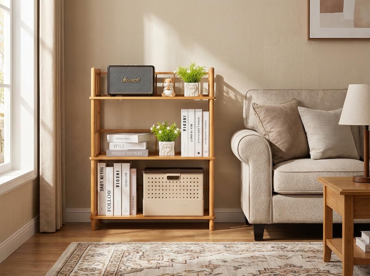 GOGOGO 3-Tier Expandable Bamboo Open Bookcase - No-Tools Assembly & Modular,Modern Display Bookshelf with Top Edge and Solid Wood Frame for Home and Office, Storage Cabinet