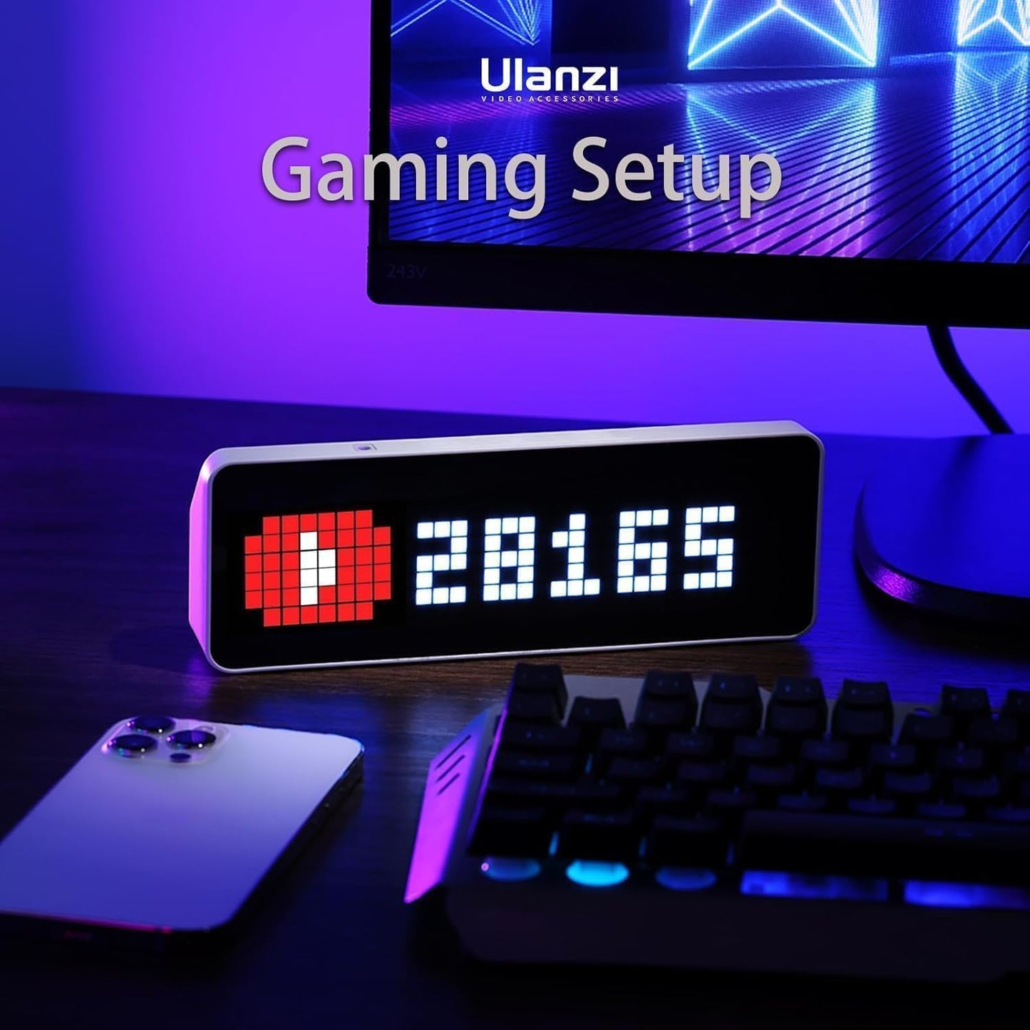 ULANZI TC001 Smart Pixel Clock, Gaming Setup Digital Alarm Clock with Weather - Awtrix Simulator - WiFi Connect, Social Media Counter, Retro Pixel Art Clock for Gaming Room,Bedside, Office Decor