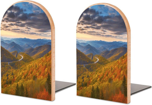 Blue Ridge Parkway Mountains Bookends 1 Pair Heavy Duty Book Ends for Shelves Non-Skid Bookend Supports Wooden Book Holders with Metal Base Desk Organizers Books Storage to Hold Books