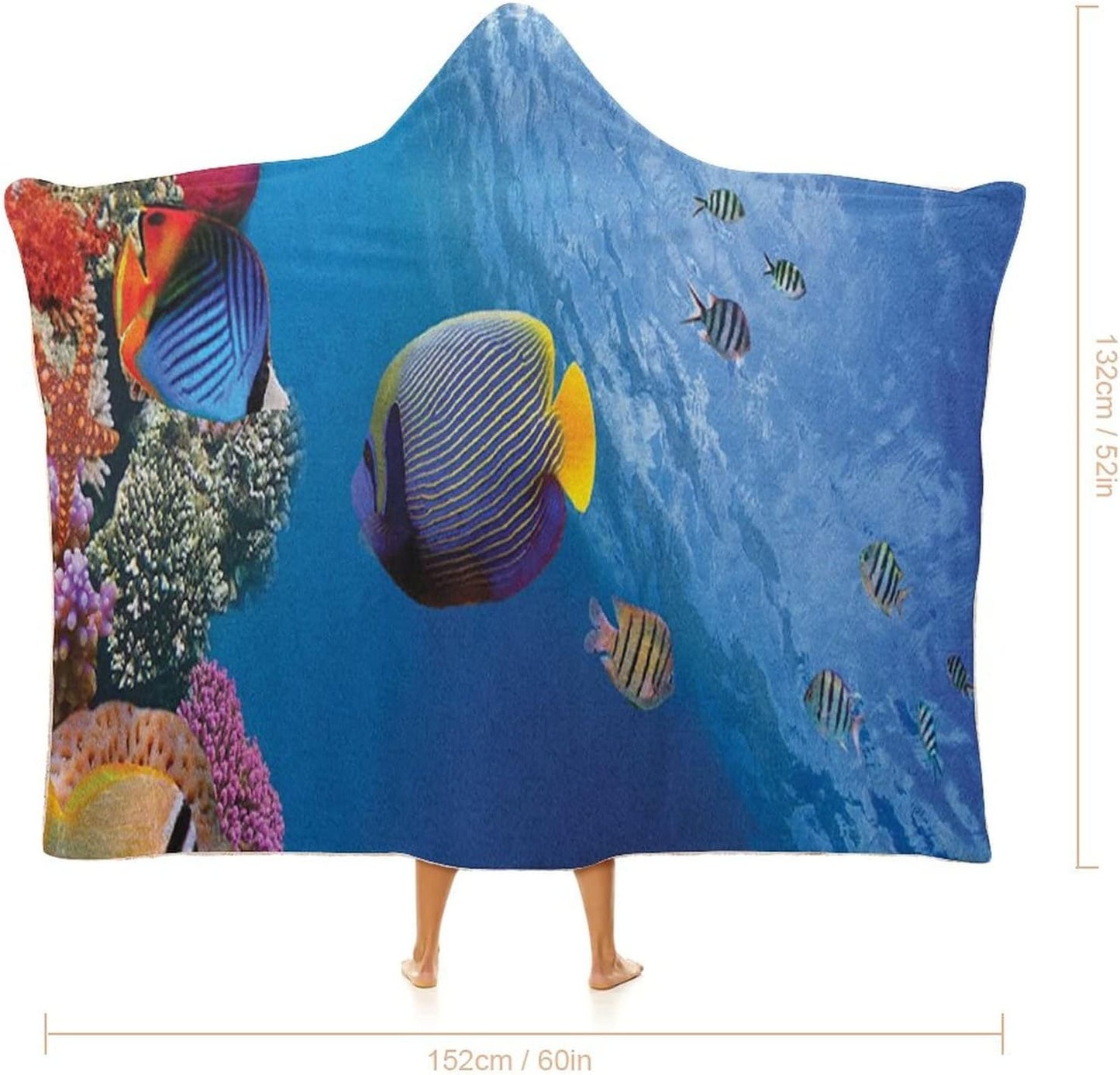 Throw Blankets, Under The Sea Women Men Hooded Blanket, Tropical Emperor Long Living Angelfish in Underwater, Soft Warm Cozy, 50 x 60inches, Studying Reading Snuggling Napping Office, Blue