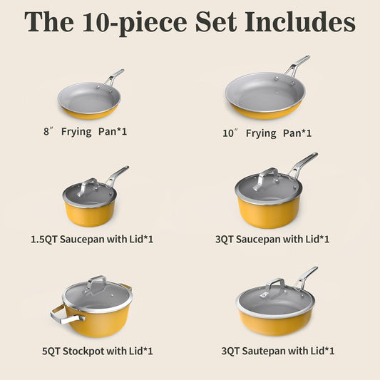 10-Piece Ceramic Nonstick Cookware Set with Lids - PFAS/PTFE/PFOA-Free, Interior & Exterior Ceramic Coating | Easy to Clean | All Stovetop Compatible | Induction & Oven-Safe up to 480°F